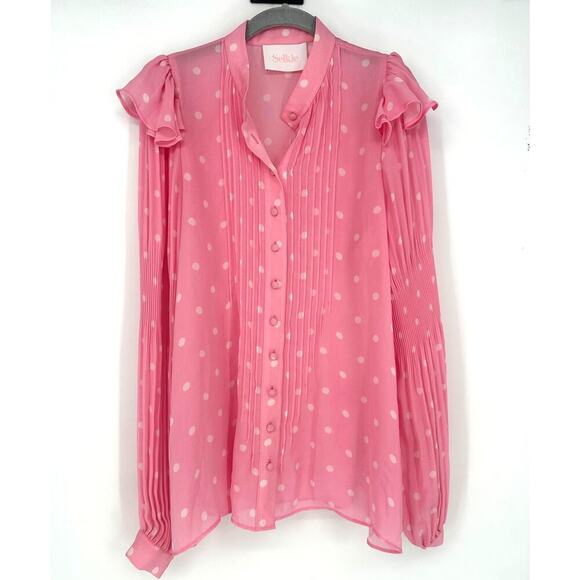 Selkie Chiffon Pleated Ruffle Shoulder Button Down Blouse - Picture 1 of 5